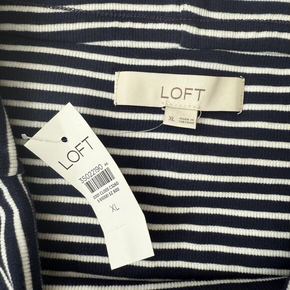LOFT Off Shoulder Shirt Womens XL Navy Blue White Striped Ribbed Stretch Top - Picture 4 of 8